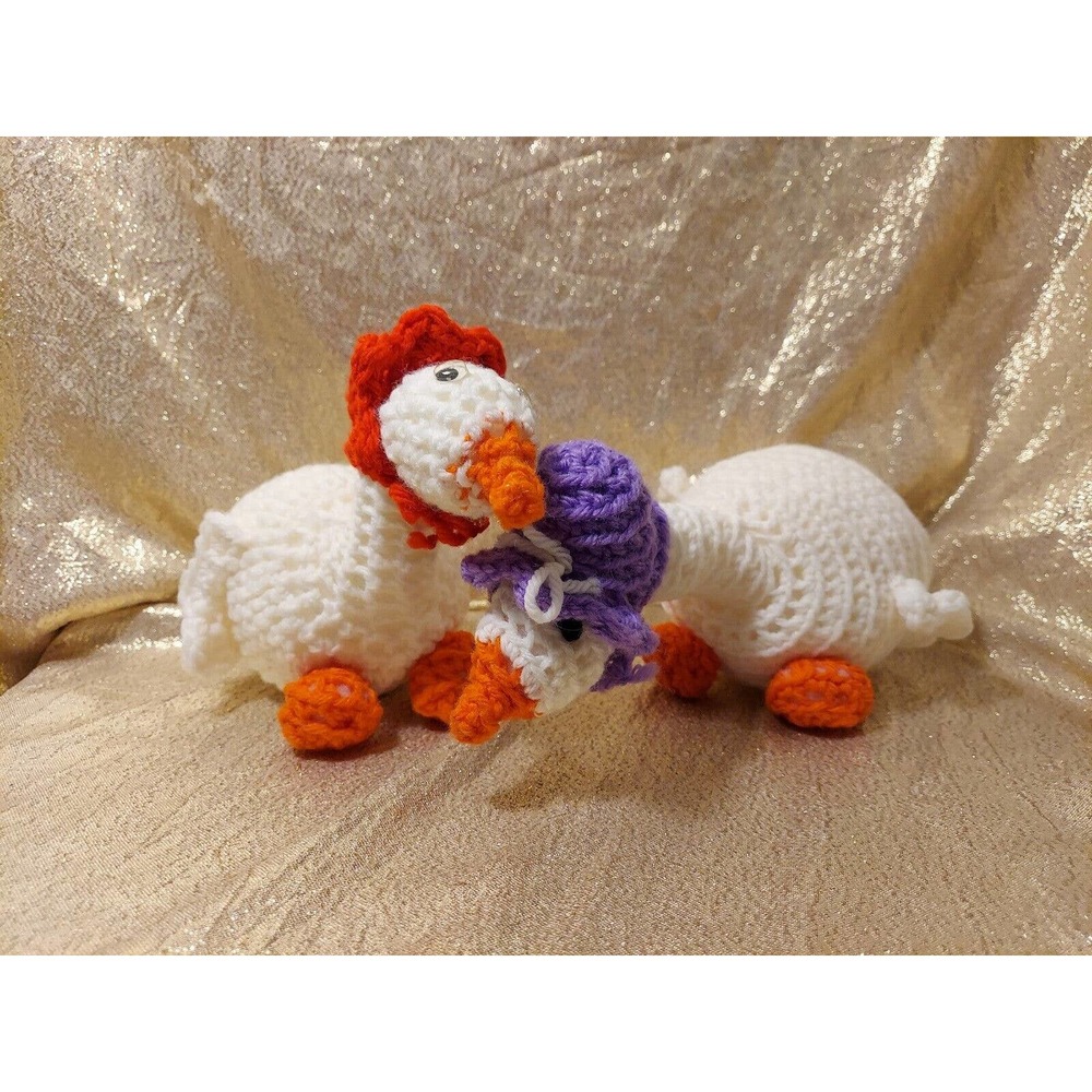 Vintage Crochet Geese Plush Pair Of Birds Ducks With Hats Bonnets Handmade